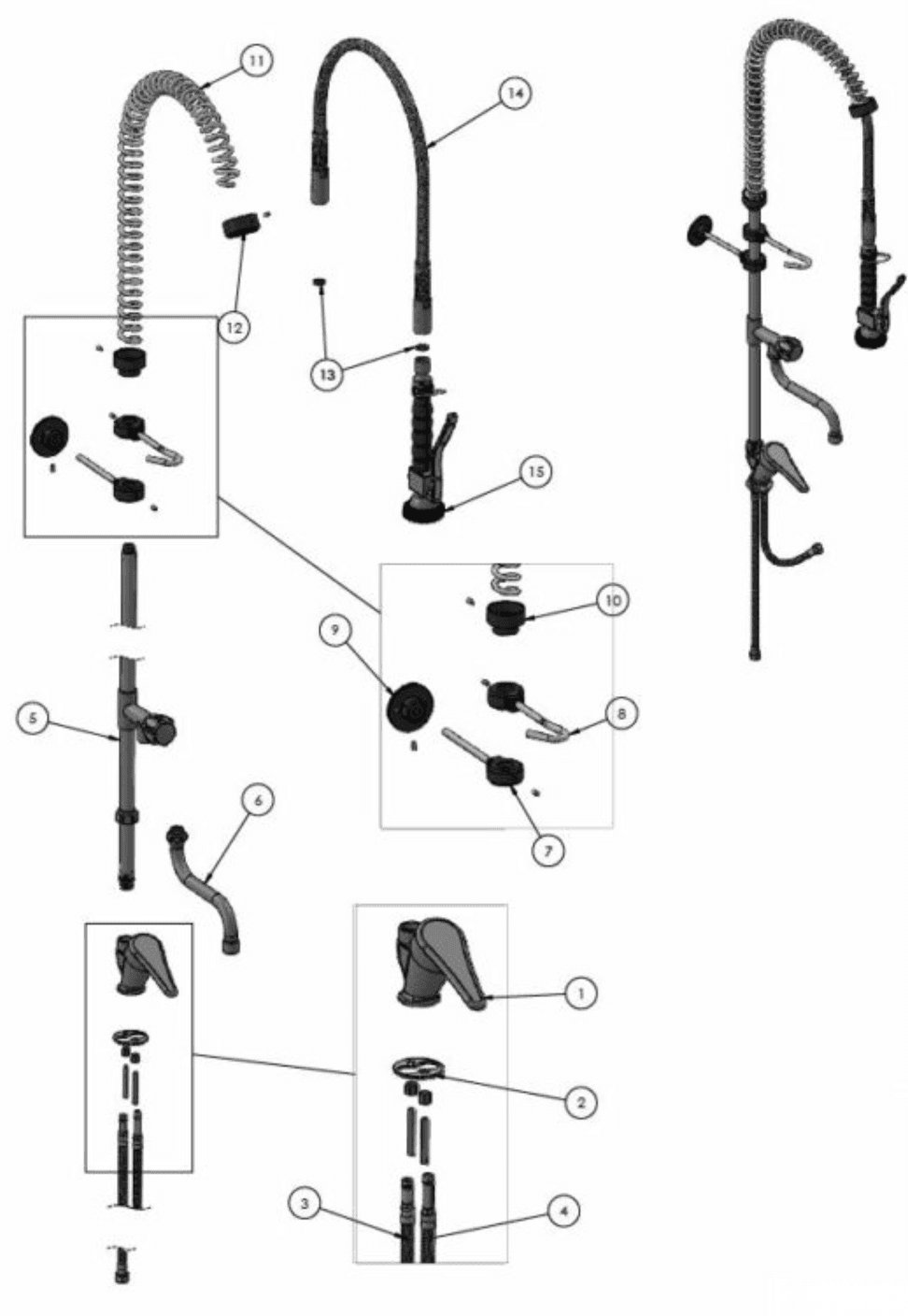 Disegno esploso del rubinetto EYN PRO1425 per stazioni di lavaggio con componenti numerati