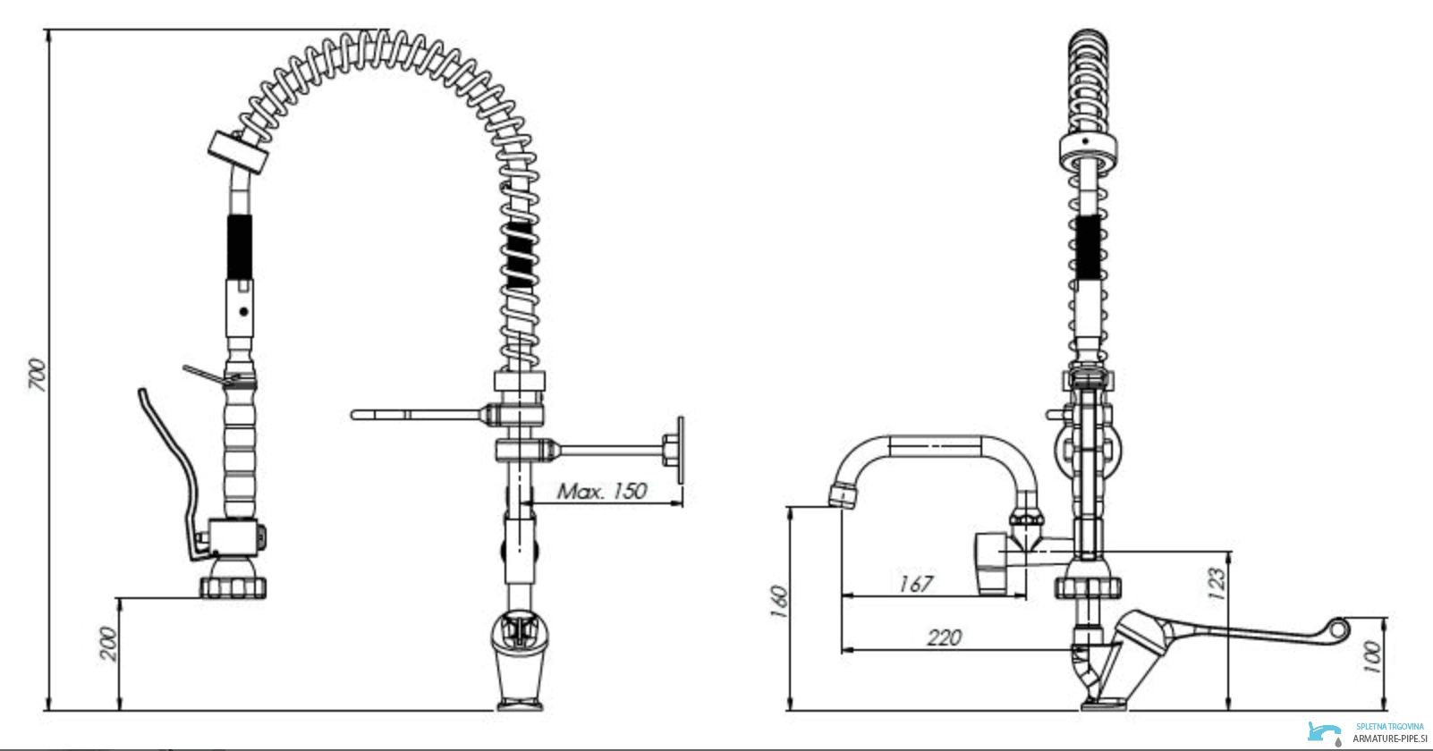 Disegno tecnico del rubinetto professionale EYN PRO1430 (altezza 700 mm, sporgenza 220 mm)