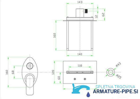 Disegno tecnico del miscelatore vasca da incasso LED PSK7917 (160 × 143 × 62 mm)