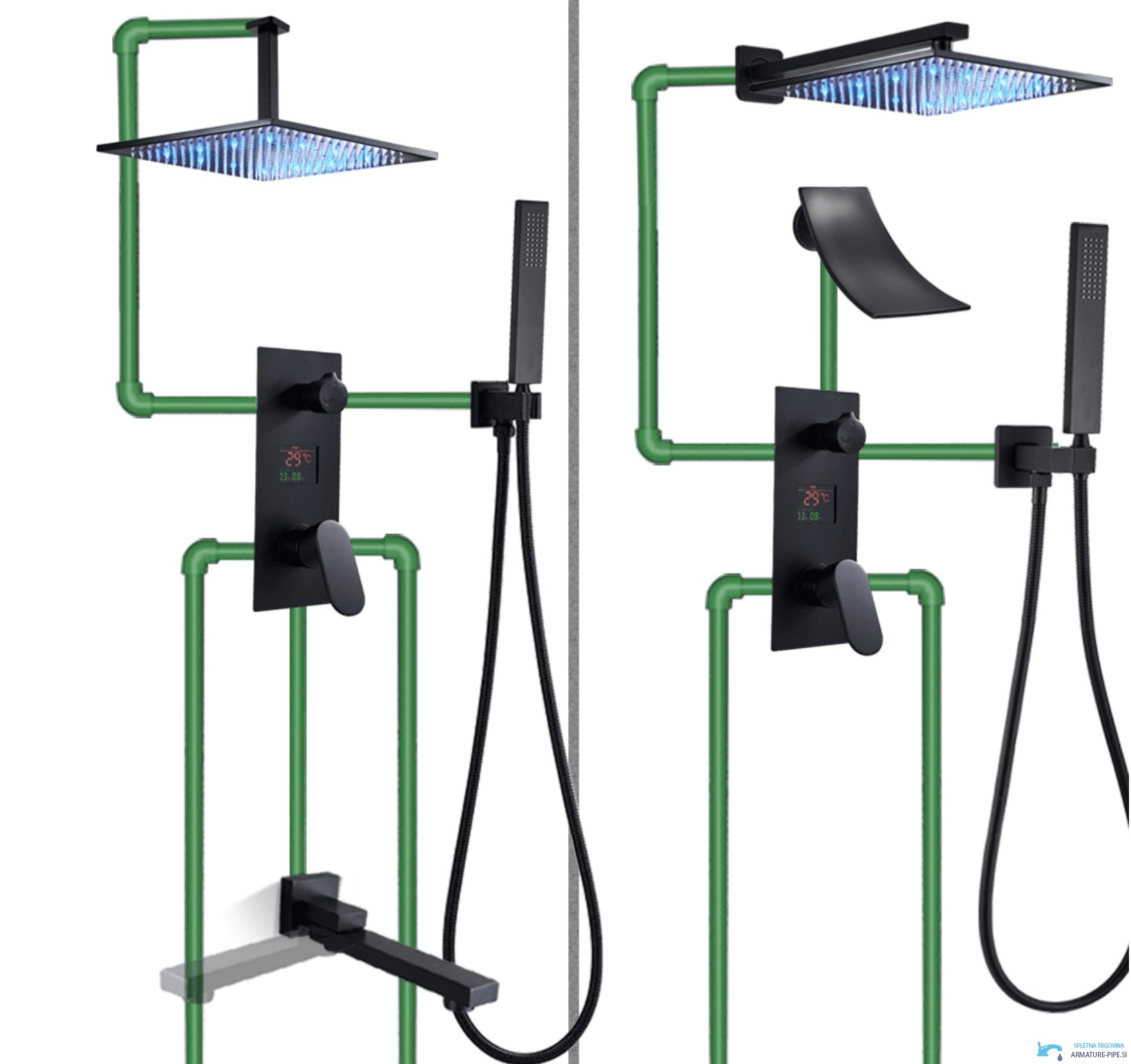Sistema doccia da incasso EYN con soffione LED e cascata PT1036 in nero opaco
