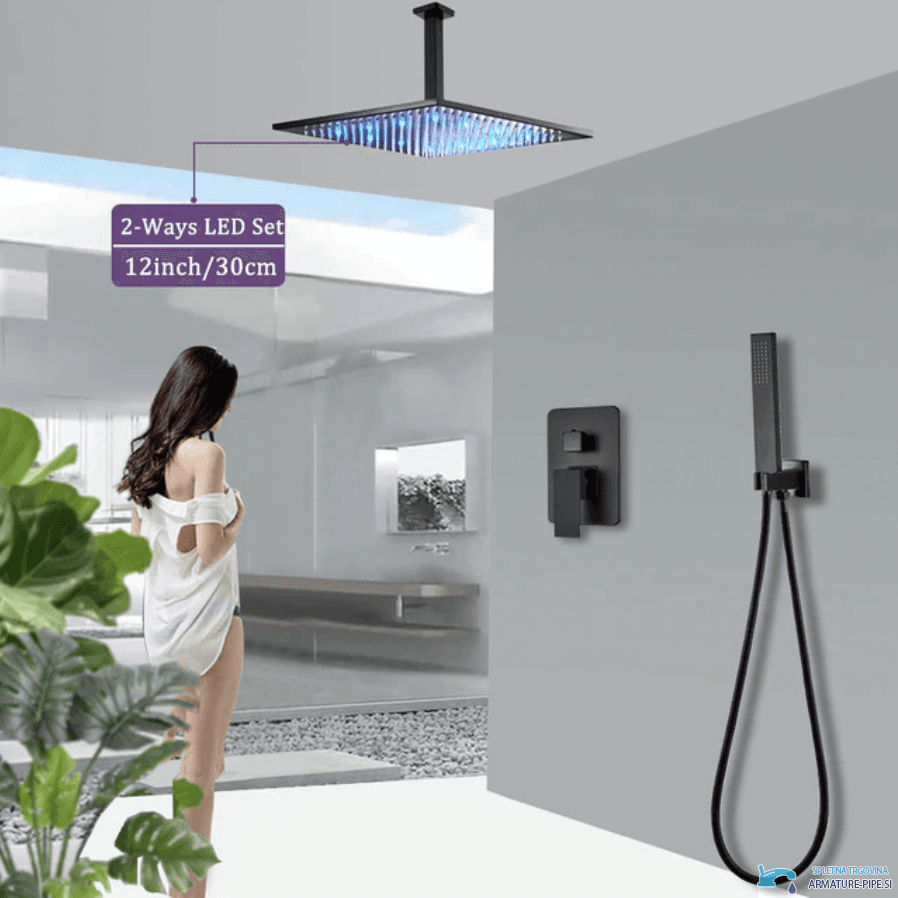 Sistema doccia LED da incasso PT50089 nero opaco con soffione illuminato di blu