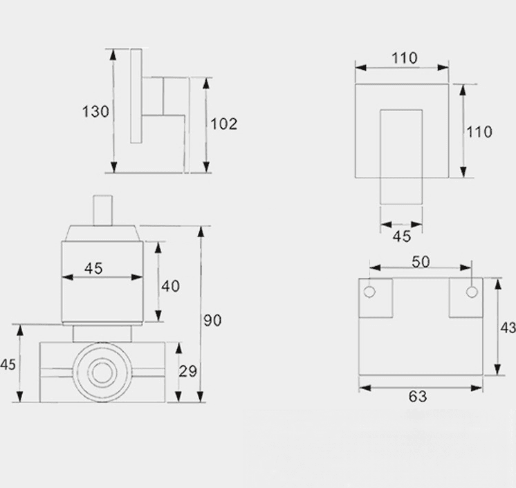 Disegno tecnico del sistema doccia PT61219 con placca da 110 × 110 mm