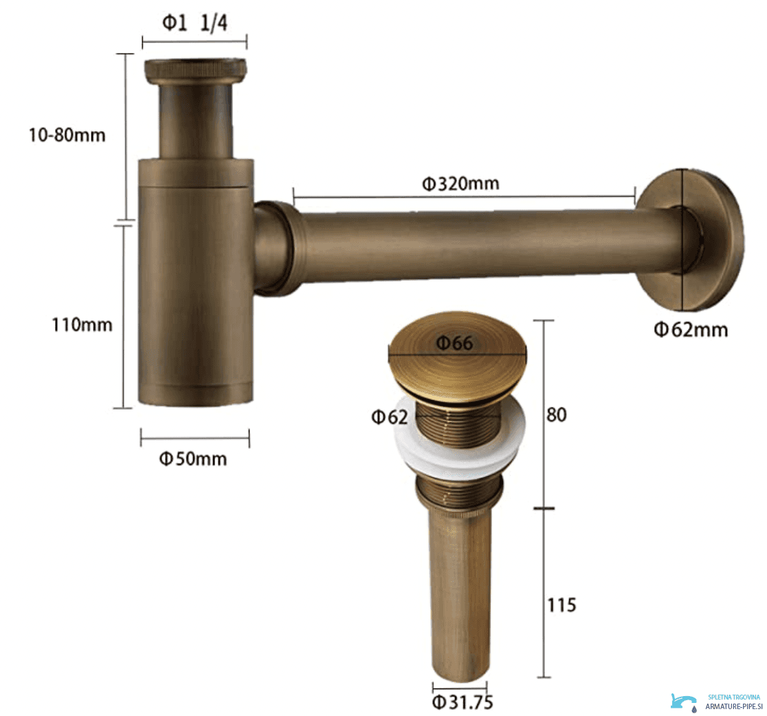 Disegno tecnico del sifone pop-up SAQ1556 con tubo a parete da 320 mm e raccordo da 1¼ pollici