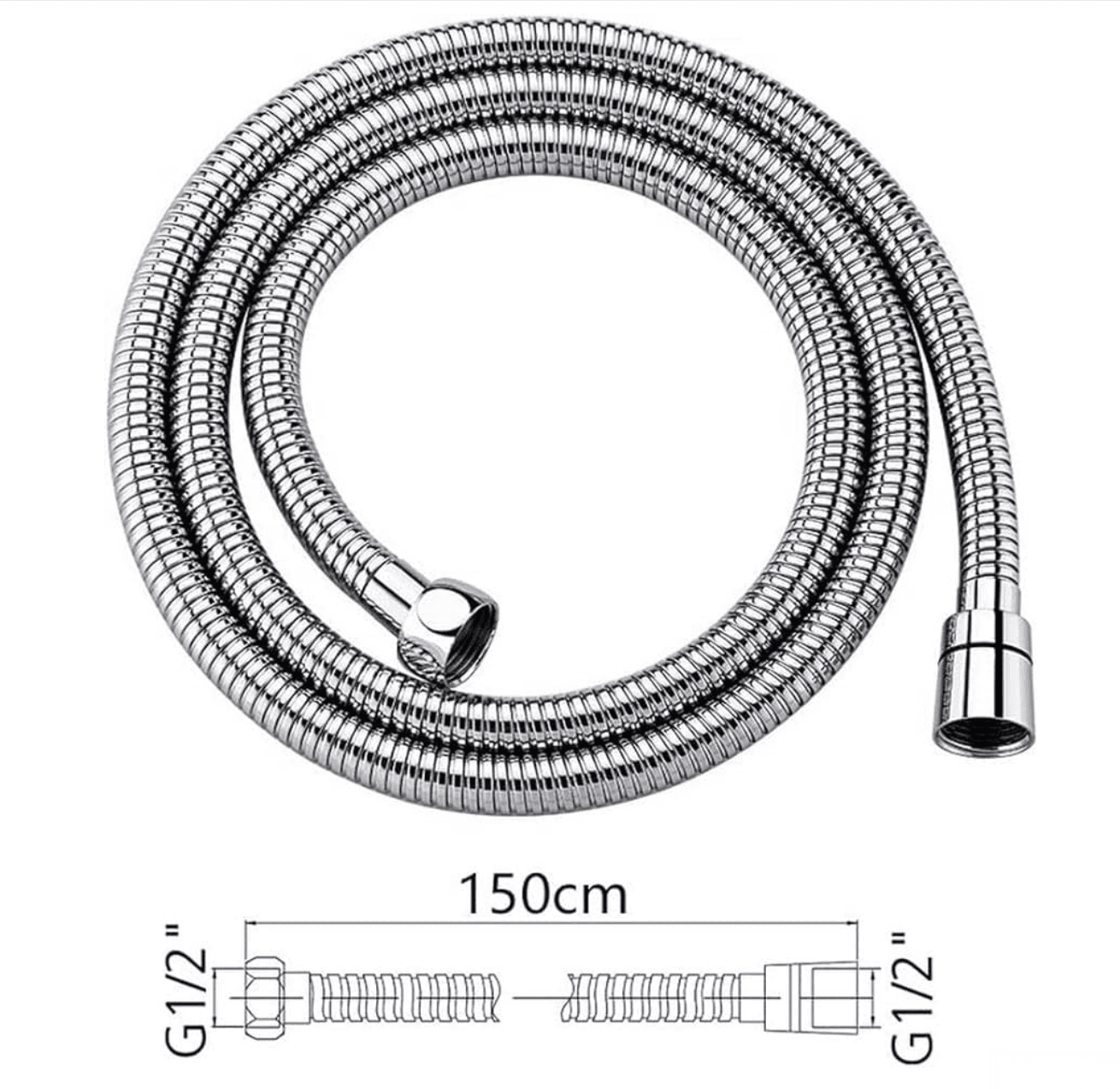 Disegno tecnico del flessibile doccia cromato EYN SH1238 da 150 cm con raccordi G1/2