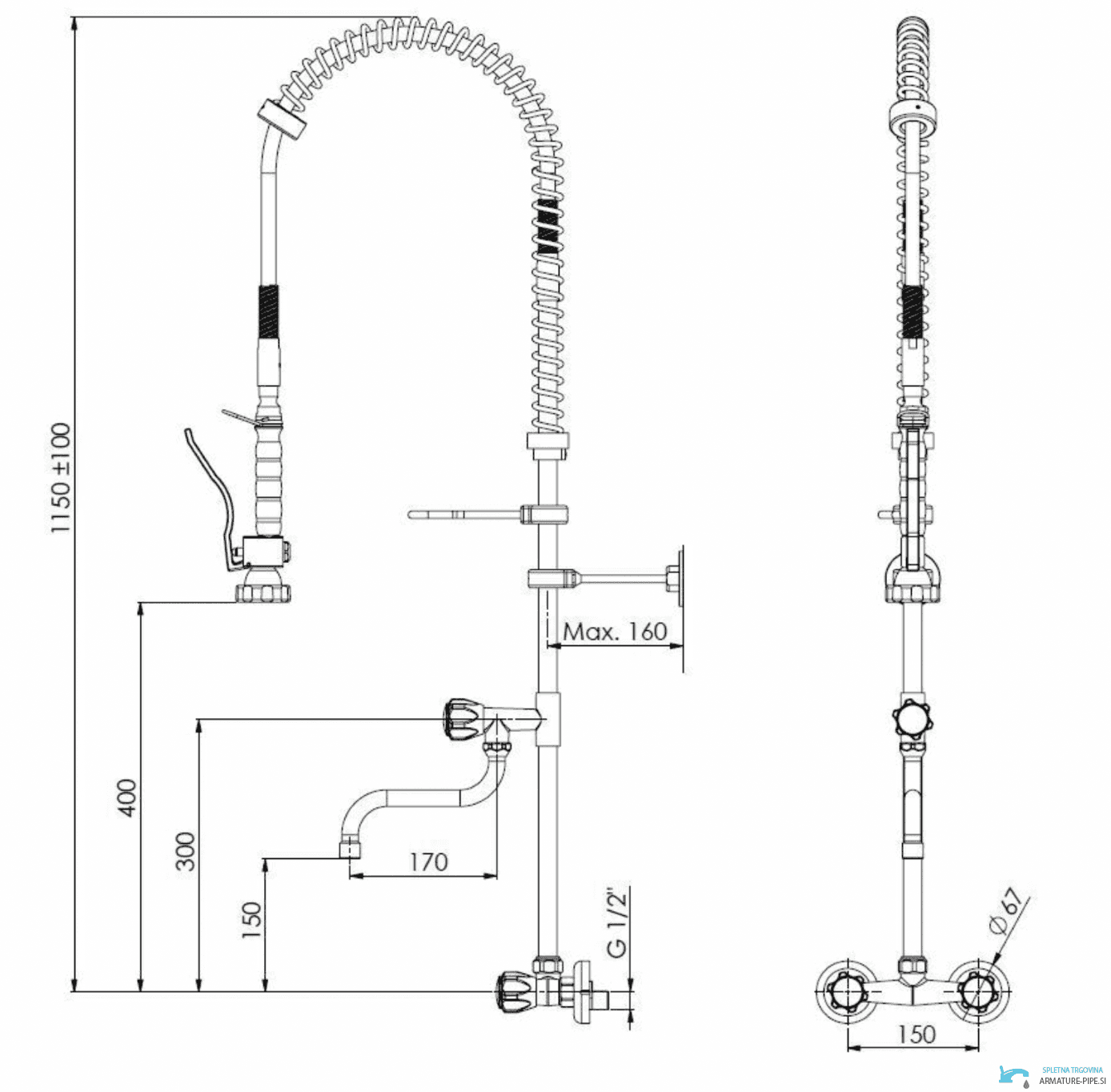 Disegno tecnico del rubinetto a parete SPRO1228 (1150 ±100 mm, G 1/2)