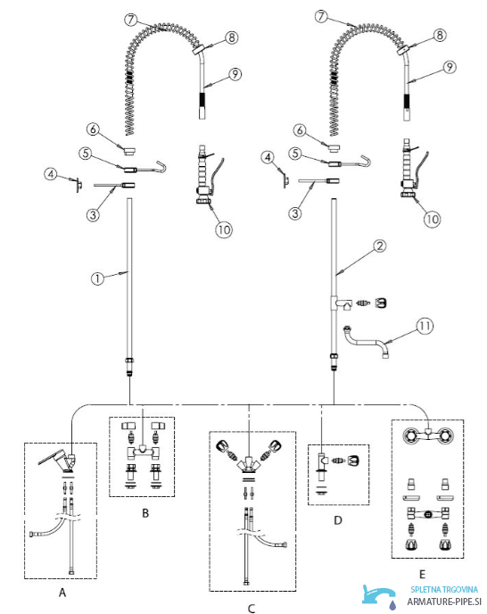 Vista esplosa tecnica del rubinetto da cucina professionale EYN SZ0029