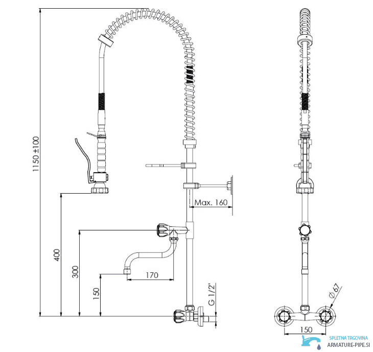 Disegno tecnico del rubinetto professionale EYN SZ0029 (1150 ± 100 mm, G1/2)