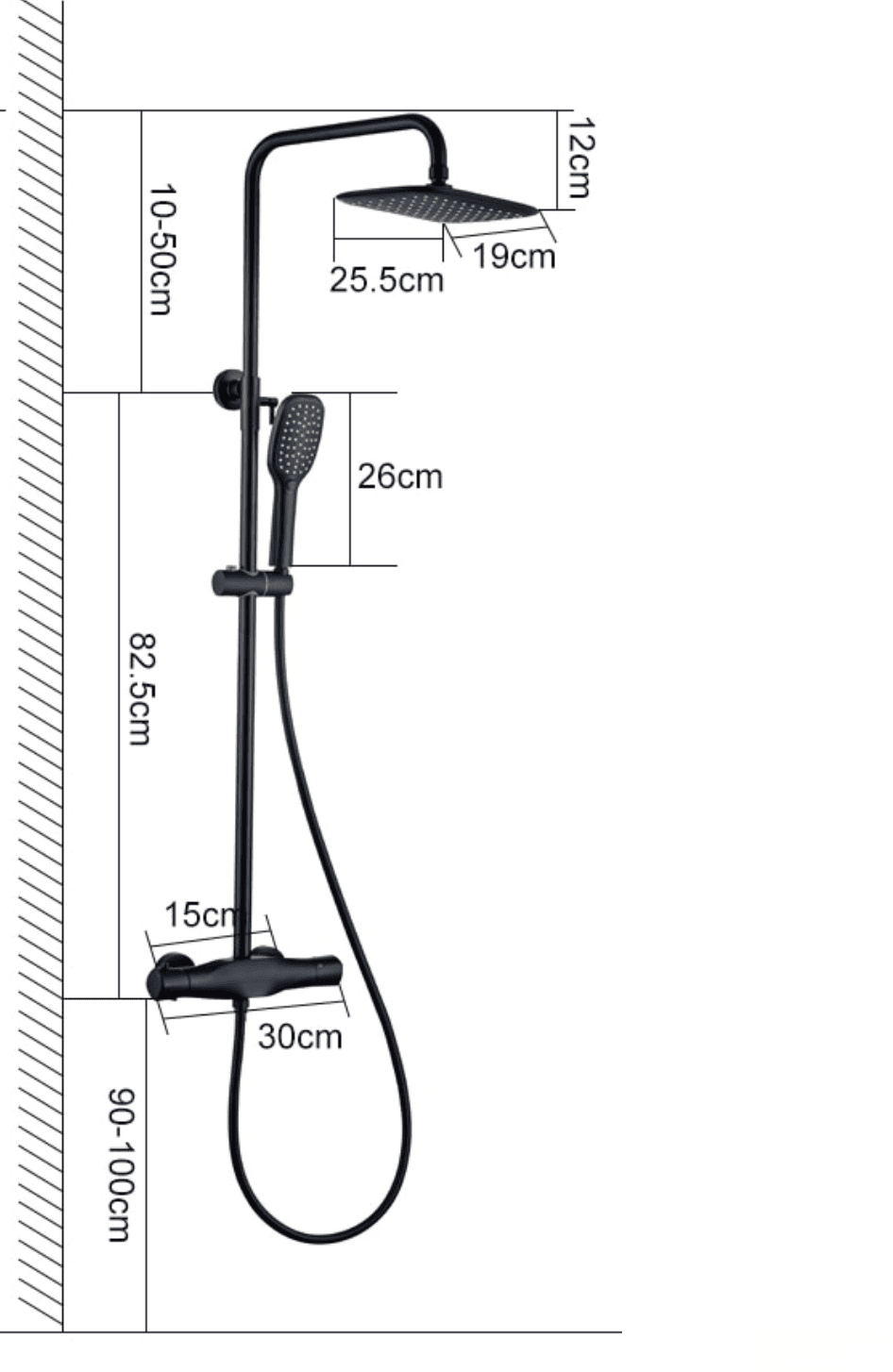 Disegno tecnico del sistema doccia termostatico esterno EYN TB1845 con soffione da 25,5 × 19 cm