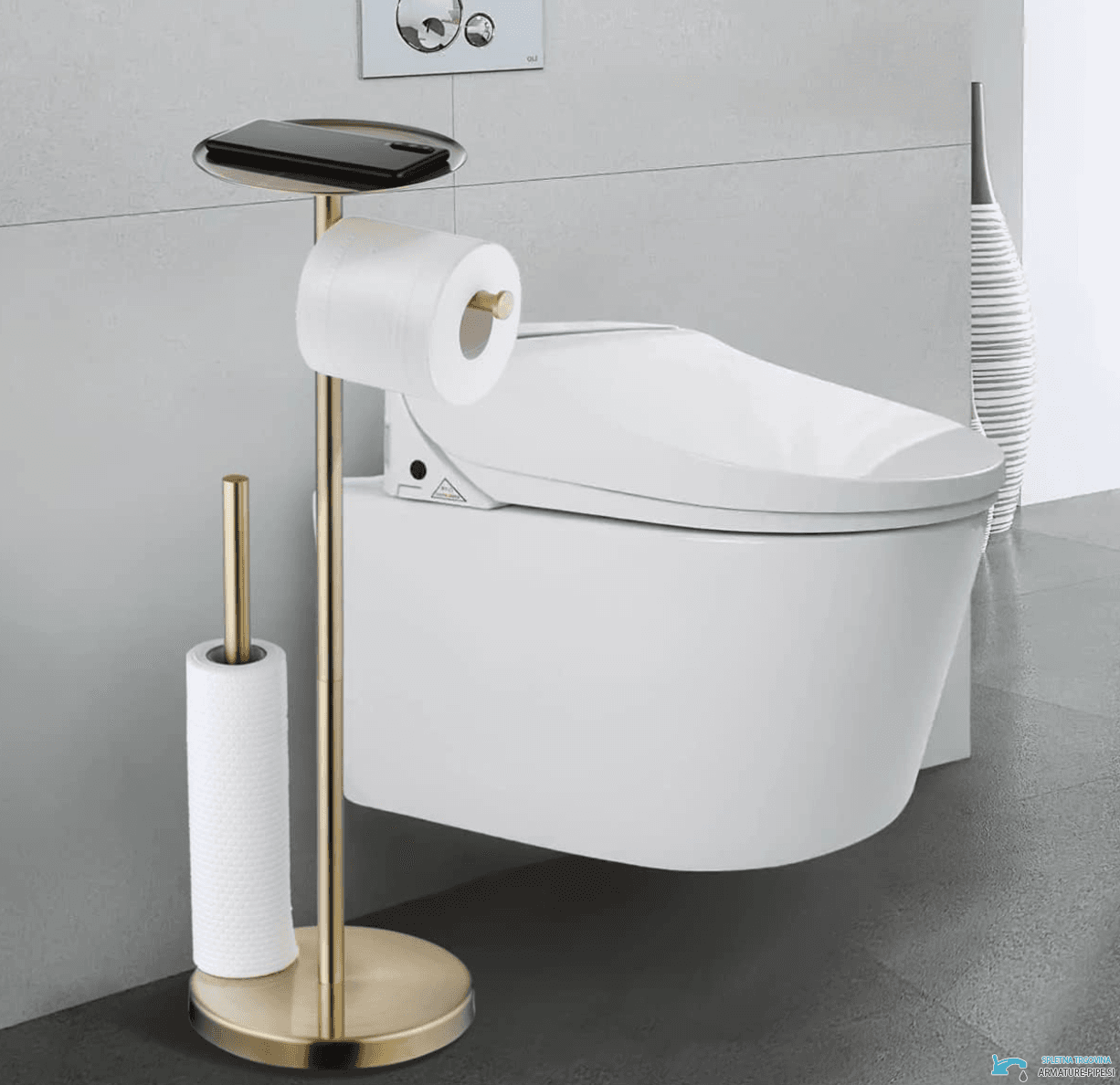 Porta carta igienica da terra TG0910 con ripiano per smartphone in oro spazzolato