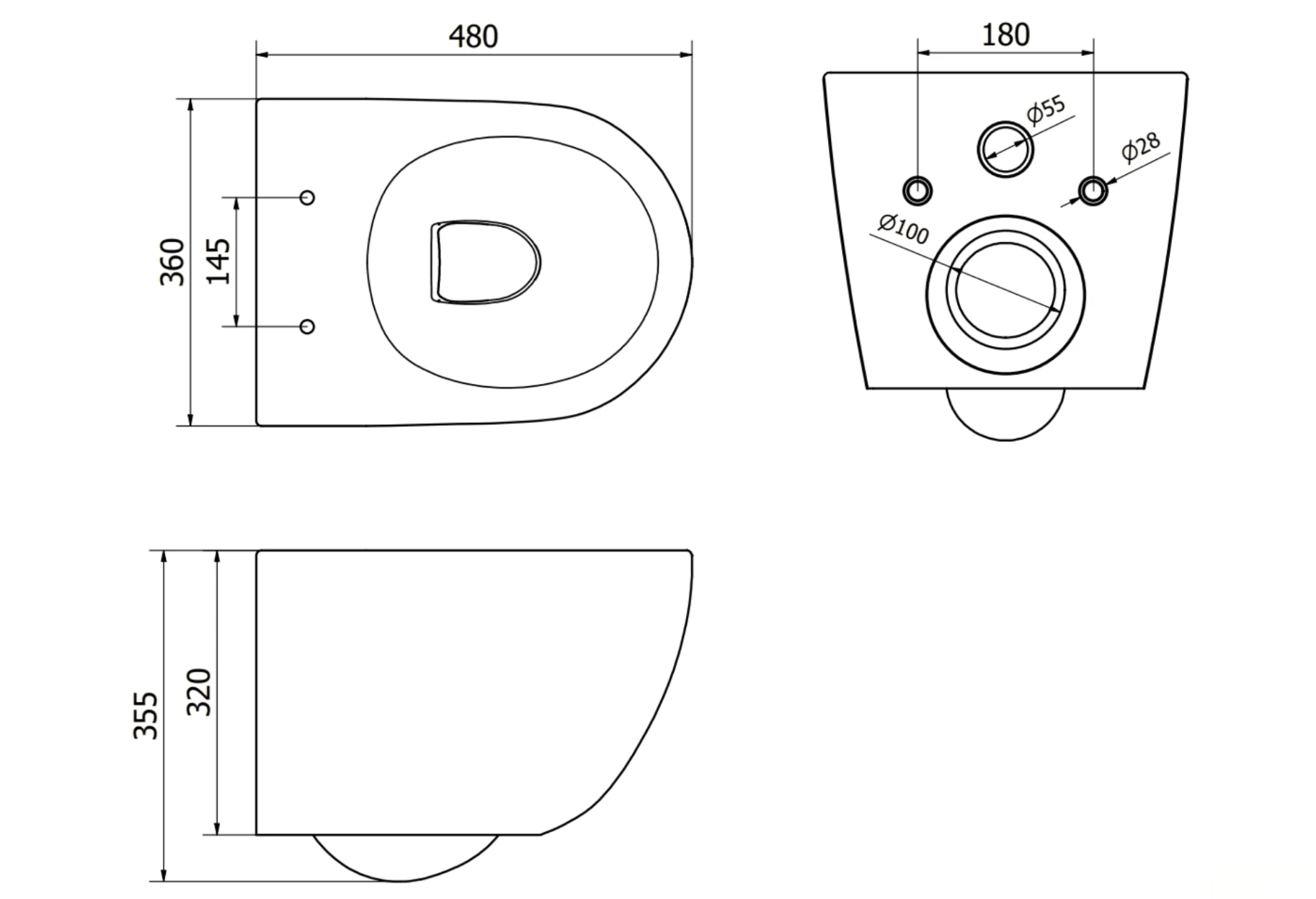 Disegno tecnico del WC DELUXE TO1699 (480 × 360 × 355 mm, interasse di fissaggio 180 mm)