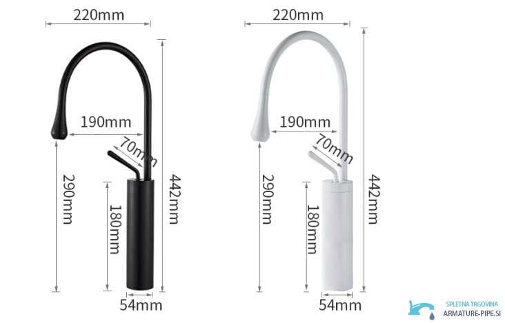 Disegno tecnico del rubinetto bagno VB1116P nero e bianco (442 × 220 mm)