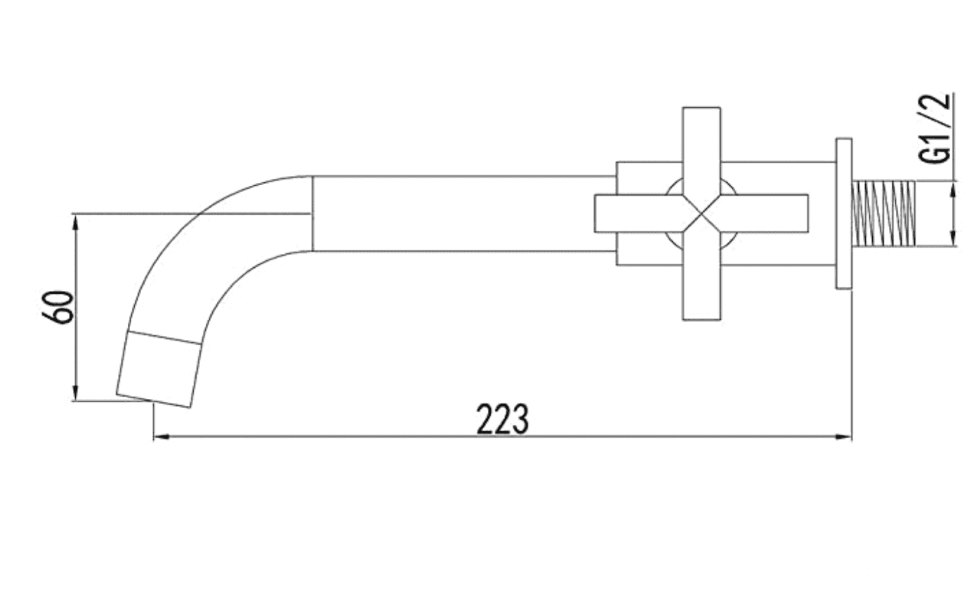 Disegno tecnico del rubinetto a parete per acqua fredda WB1414 (223 × 60 mm, G1/2)