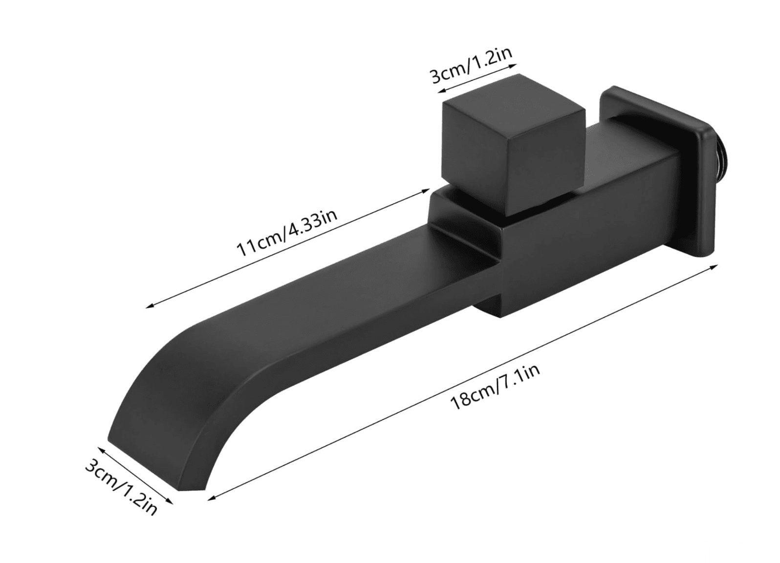 Misure rubinetto a parete WC1142: lunghezza 18 cm, bocca 11 cm e larghezza 3 cm