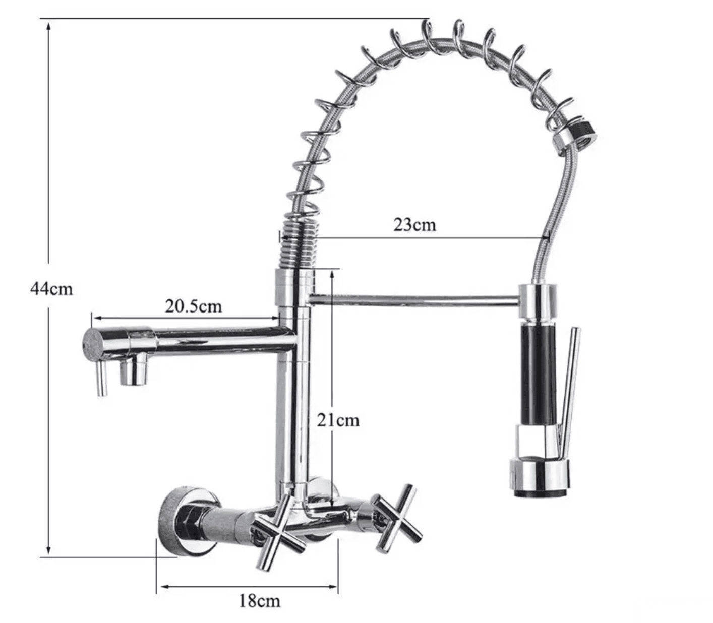 Disegno tecnico del rubinetto a parete WK1002 a doppia uscita, altezza 44 cm