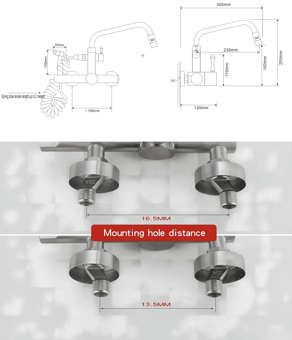 Specifiche del miscelatore a parete EYN WK1211: dimensioni, raccordo G1/2 e interasse