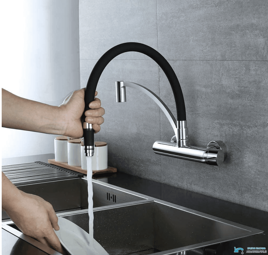 Miscelatore cucina a parete WL1026 in cromo lucido con tubo flessibile nero opaco