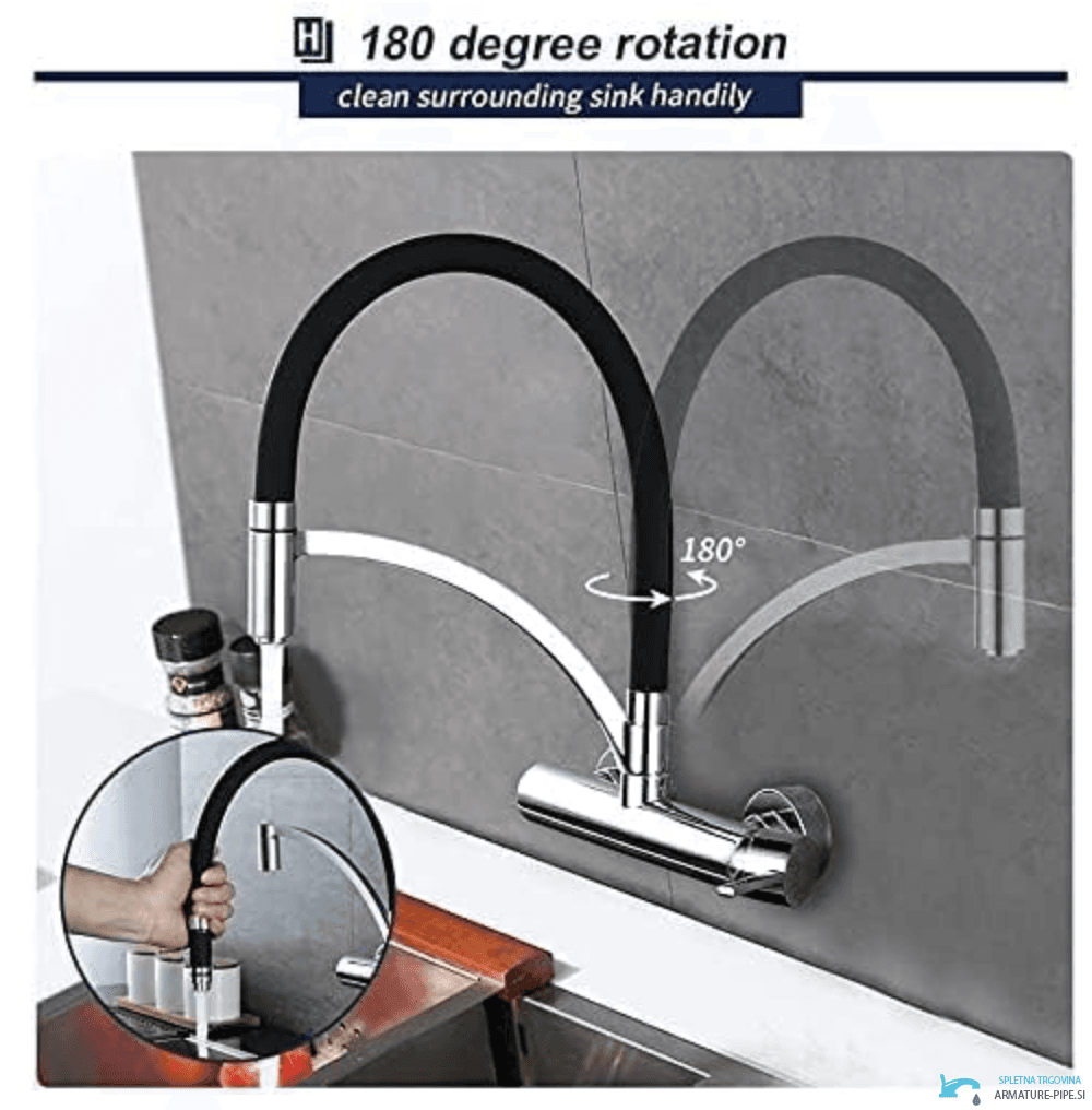 Specifiche del rubinetto cucina a parete WL1026: bocca flessibile nera orientabile a 180°