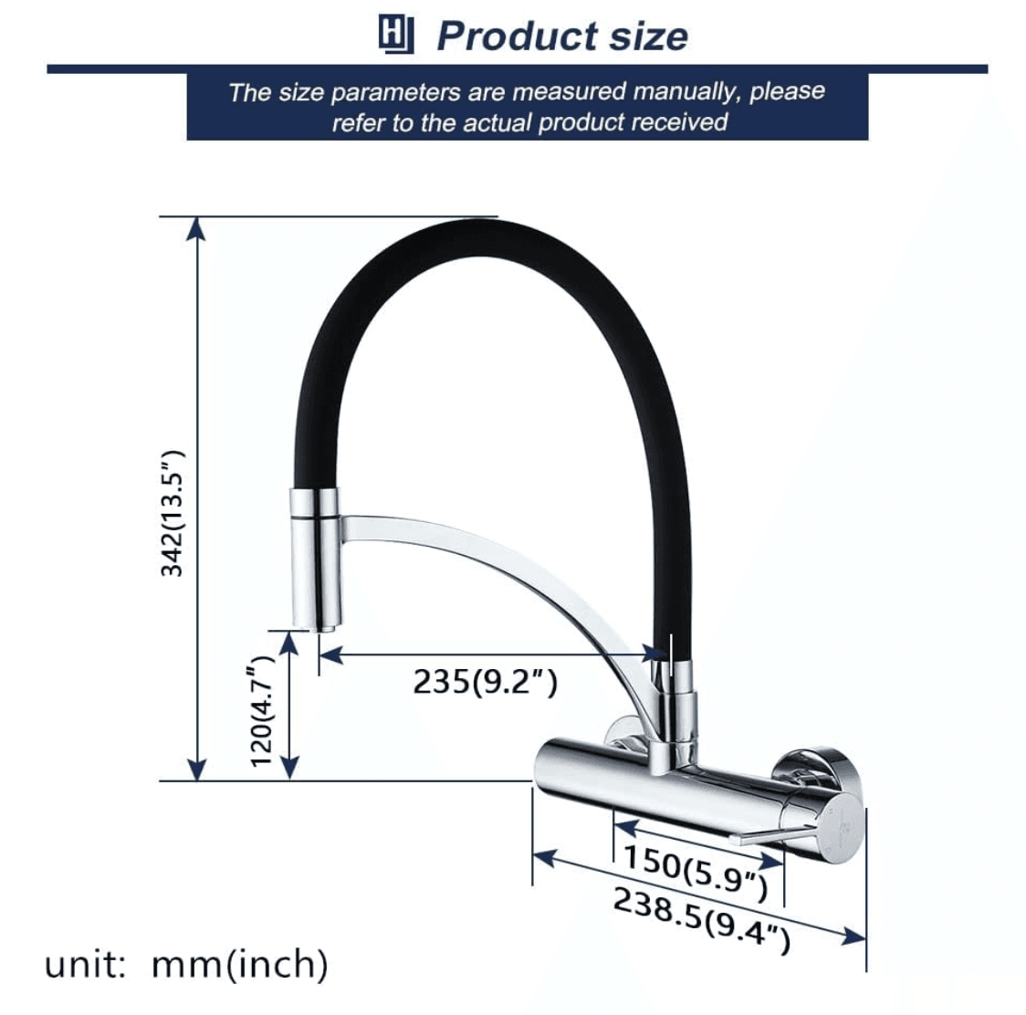 Disegno tecnico del rubinetto cucina a parete WL1026: altezza 342 mm e profondità 235 mm