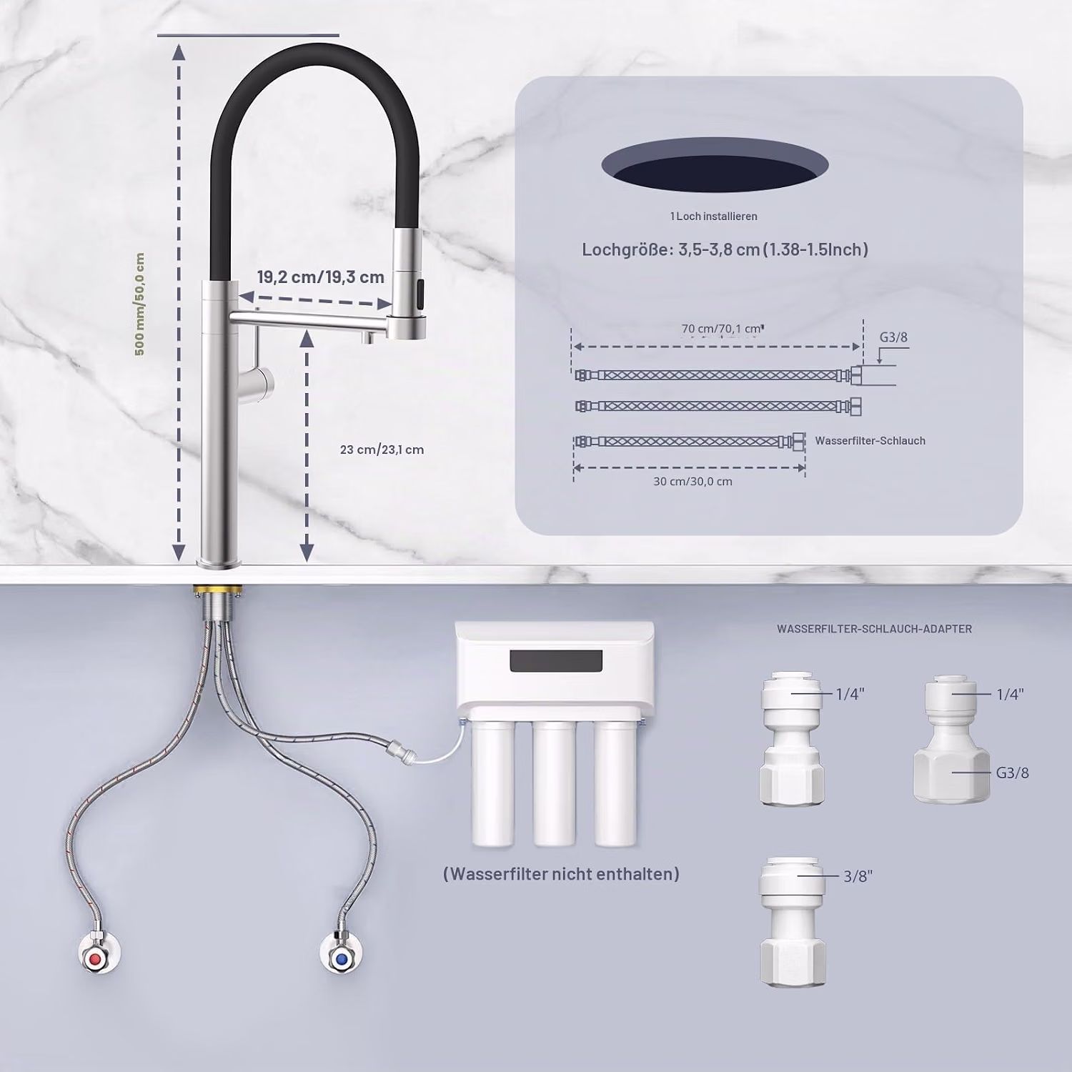 Dimensioni e raccordi del miscelatore da cucina a 3 vie ELITE EDITION KF1730