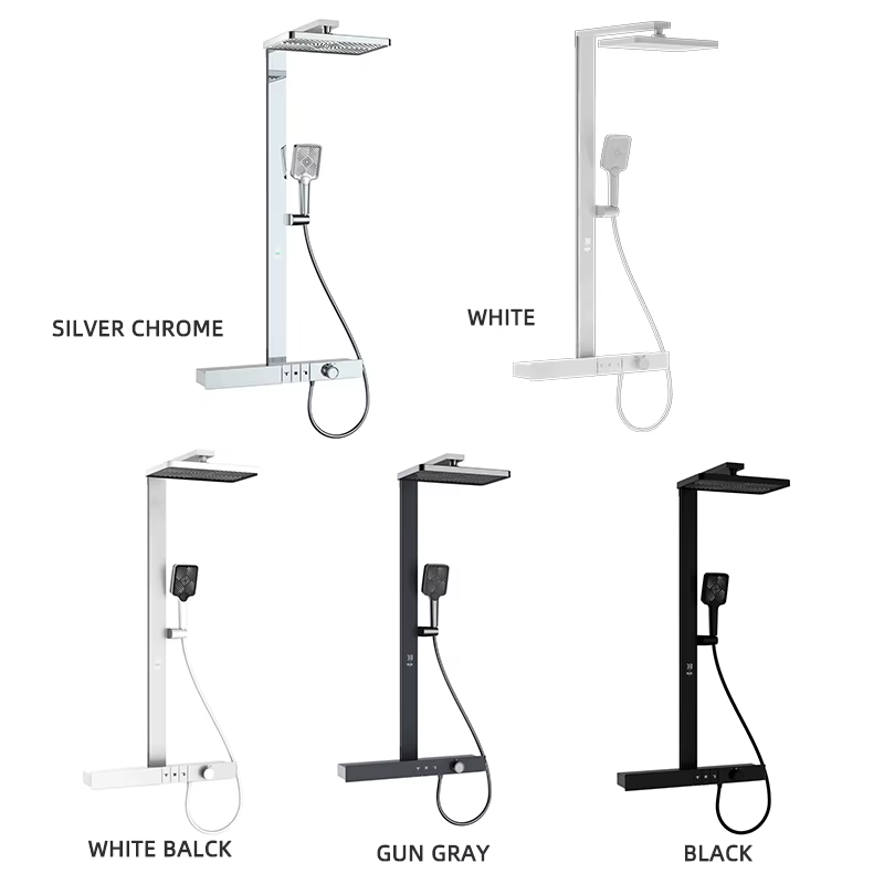 Sistema doccia quadrato BSE1719 nelle varianti nero, bianco A, bianco B, cromo lucido e grigio canna di fucile