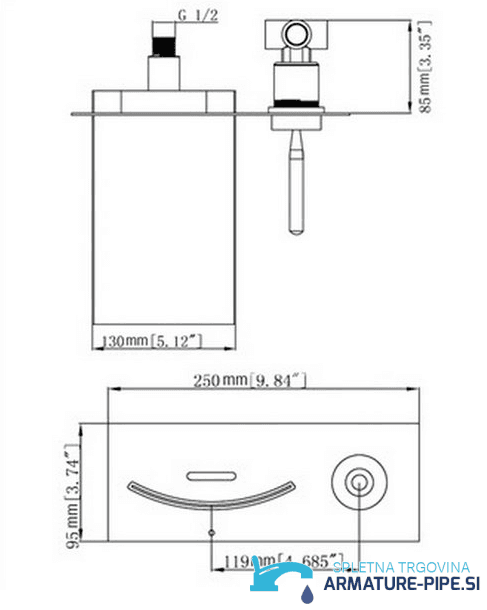 Disegno tecnico del rubinetto LED da bagno woo-1532 (250 × 95 mm, G1/2)
