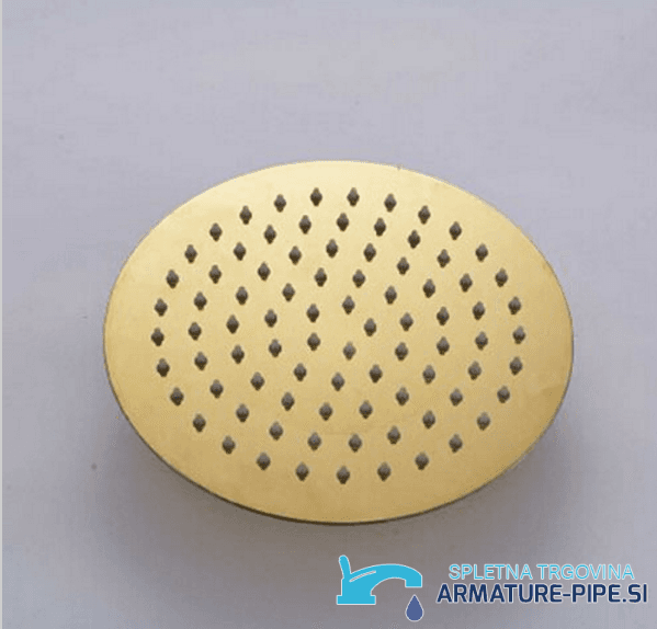 Dettaglio del soffione rotondo del sistema doccia da incasso dorato woo-2322