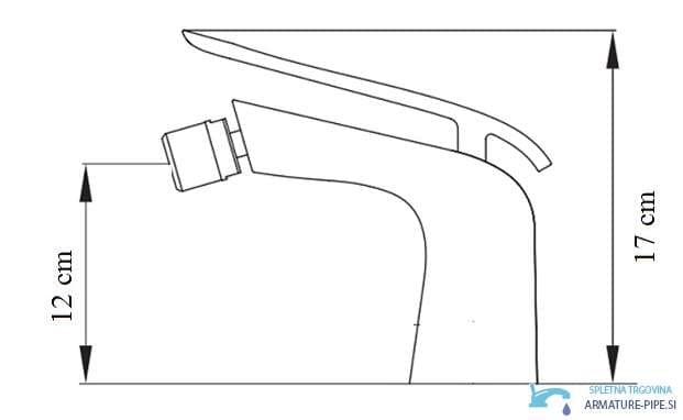 Disegno tecnico del rubinetto bidet woo-6963, altezza totale 17 cm e altezza bocca 12 cm