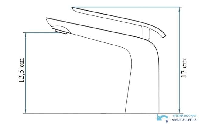 Disegno tecnico del rubinetto lavabo woo-6963, altezza totale 17 cm e altezza bocca 12,5 cm