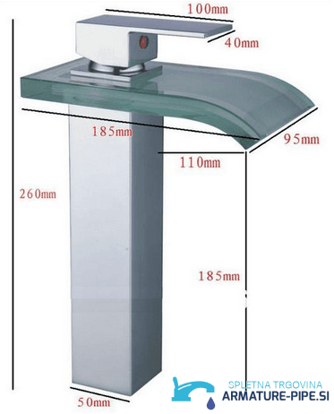 Disegno quotato del rubinetto EYN x013 woo-986, altezza 260 mm e bocca 185 mm
