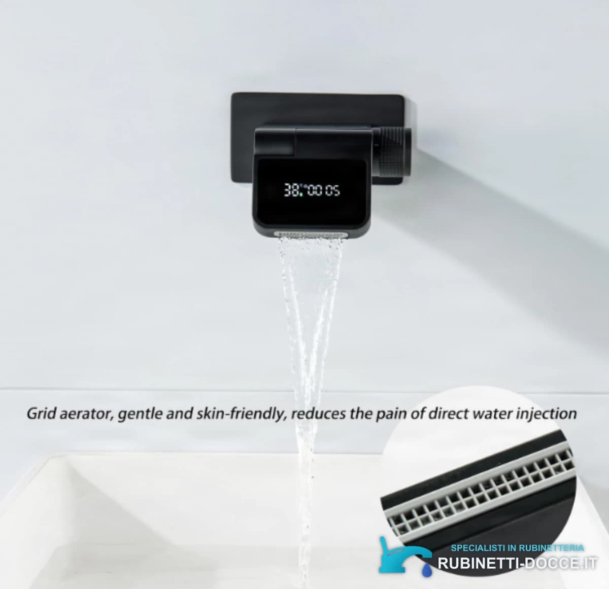 Rubinetto da parete ELITE EDITION BSW1500 con display della temperatura e bocca a cascata girevole a 180°, in più finiture