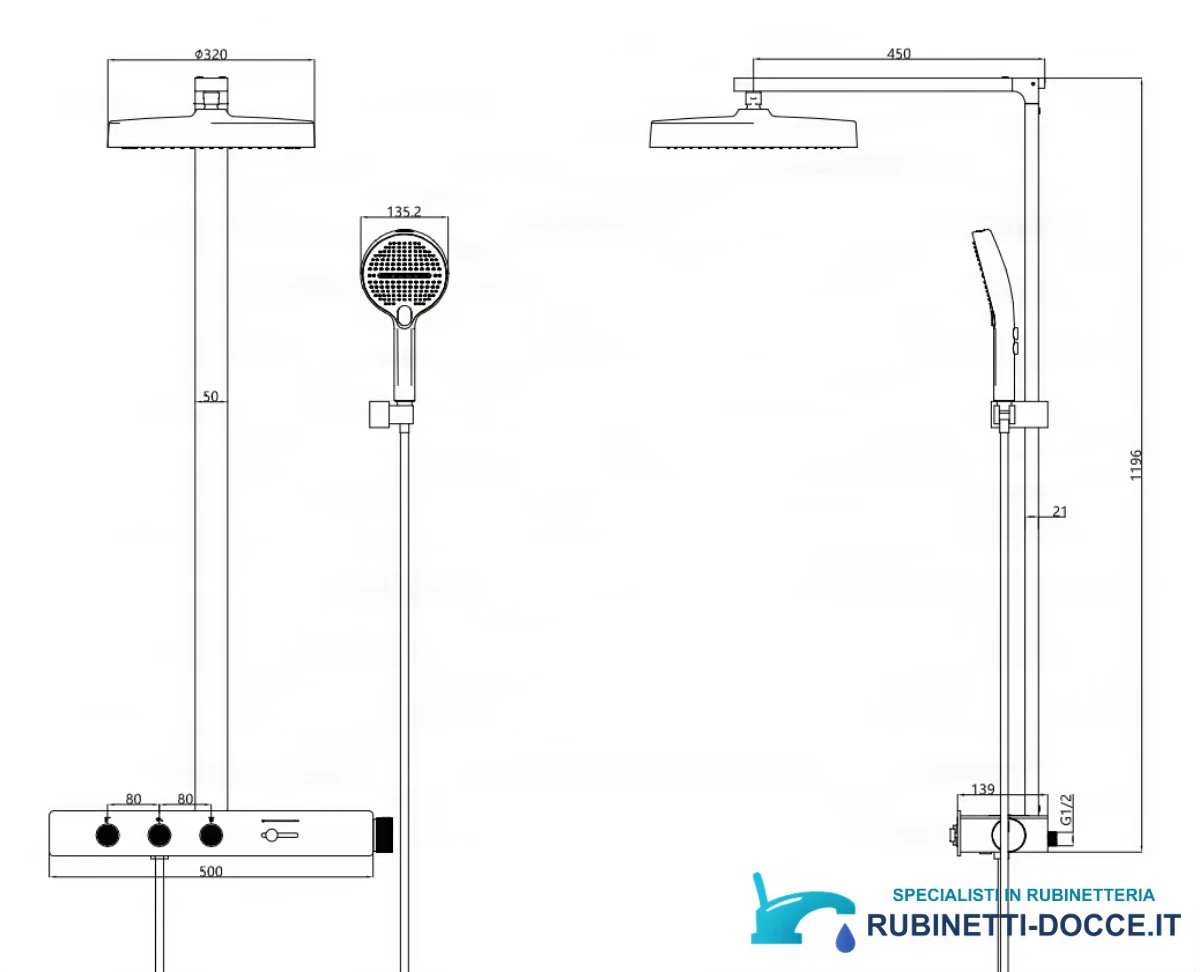 Disegno tecnico del sistema doccia ELITE EDITION BSW1727 (Ø320, 500 mm, G1/2)