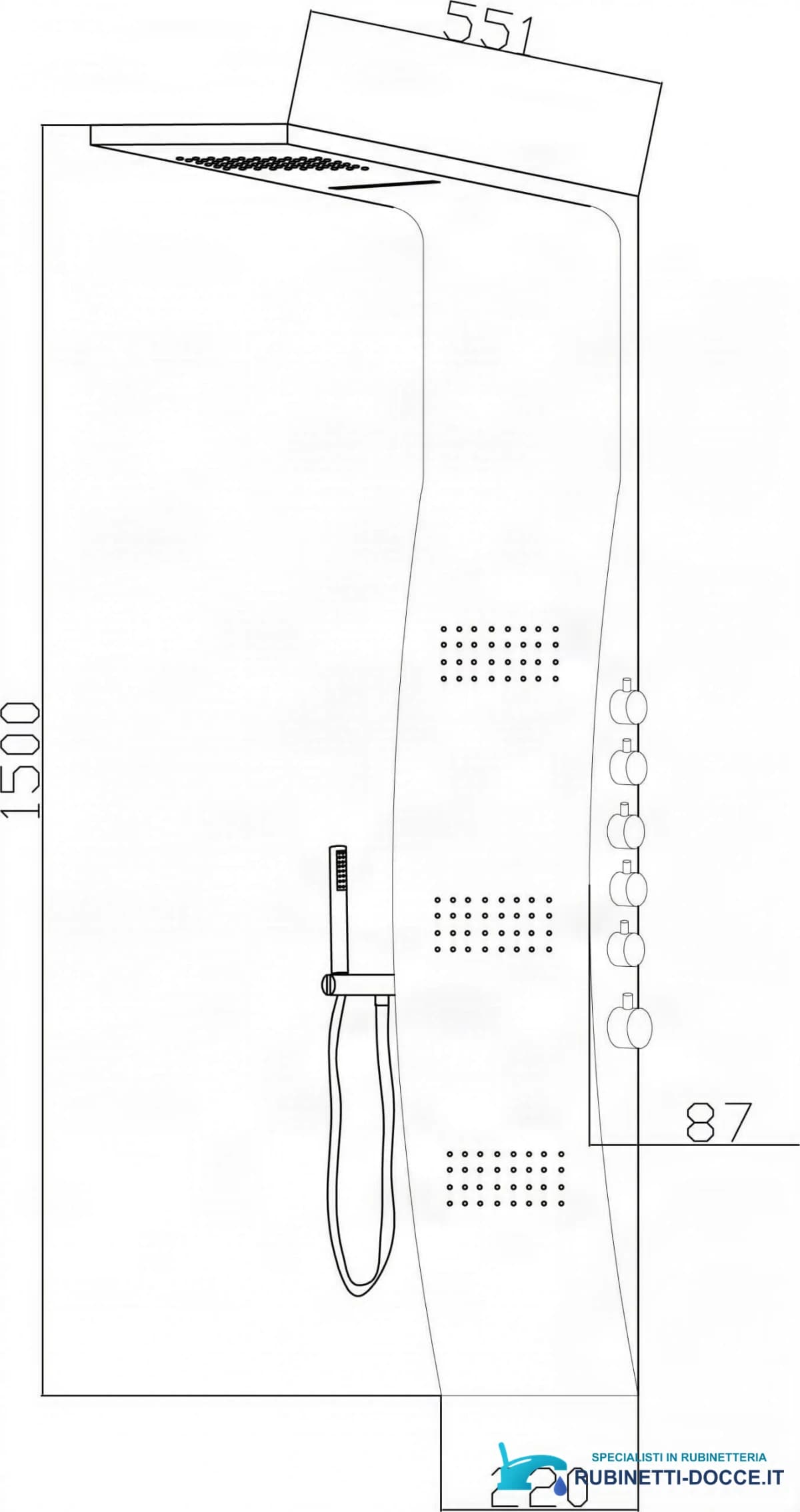 Disegno tecnico del pannello doccia ELITE SP1058 con misure 1500 × 551 × 220 mm