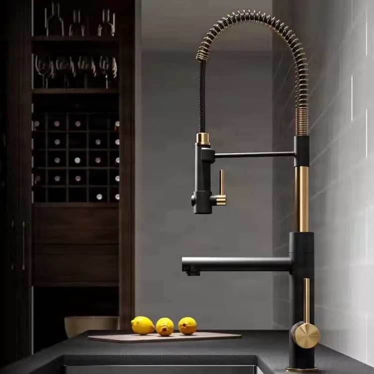 304 Stainless Steel Single Handle Deck Mounted Black Gold Pull Out Semi Pro Spring Kitchen Sink Faucet Tap