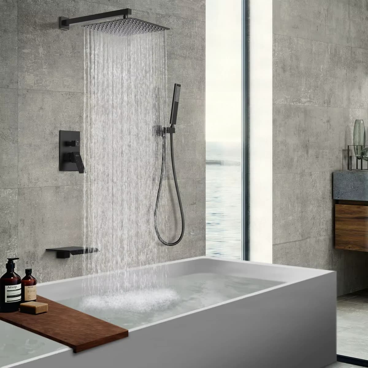 Us Local Stock Matte Black 12-inch Alloy Rain Waterfall Shower Head System Handheld Sprayer Wall-mounted Thermostatic Faucet Set
