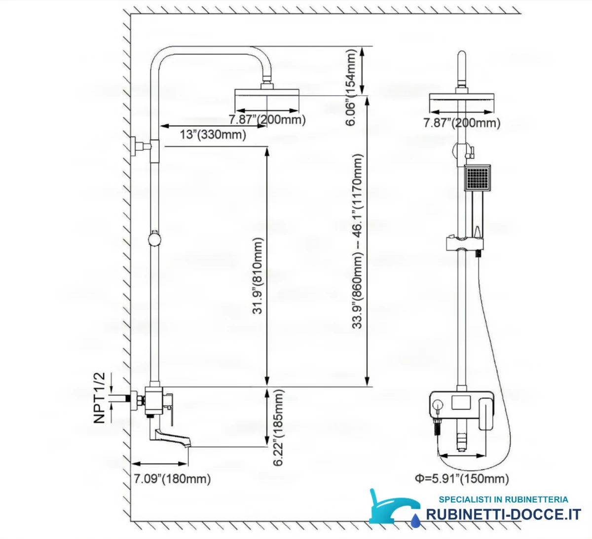 Disegno tecnico EYN NTD0341 (860–1170 mm, soffione 200 mm, NPT 1/2)