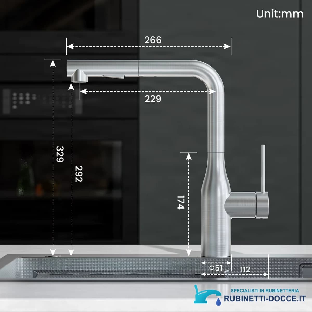 Disegno tecnico del miscelatore CECIPA MAX ELITE EDITION KF1699, altezza 329 mm
