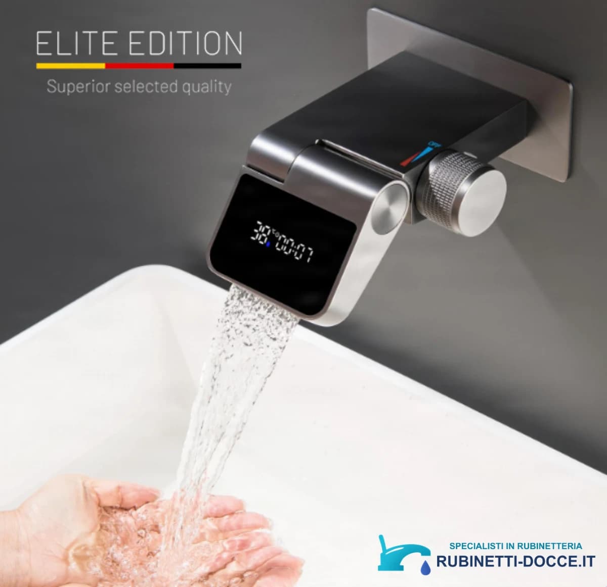 Rubinetto da parete ELITE EDITION BSW1500 con display della temperatura e bocca a cascata girevole a 180°, in più finiture