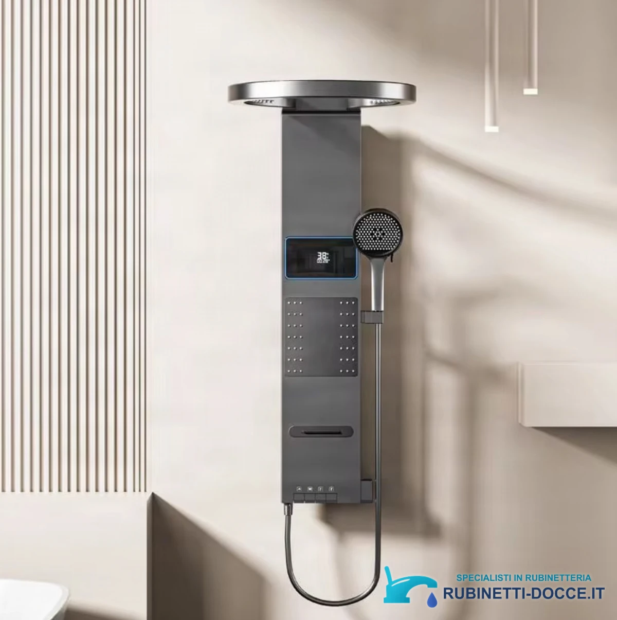 Pannello doccia ELITE EDITION BSE1424 a parete con LED, getti massaggianti e finiture grigio grafite, grigio scuro e oro