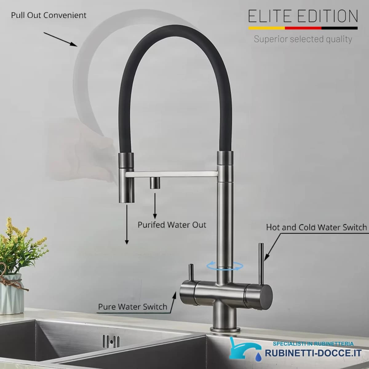 Funzioni del miscelatore filtrante da cucina Elite Edition KA1643 con due uscite d'acqua