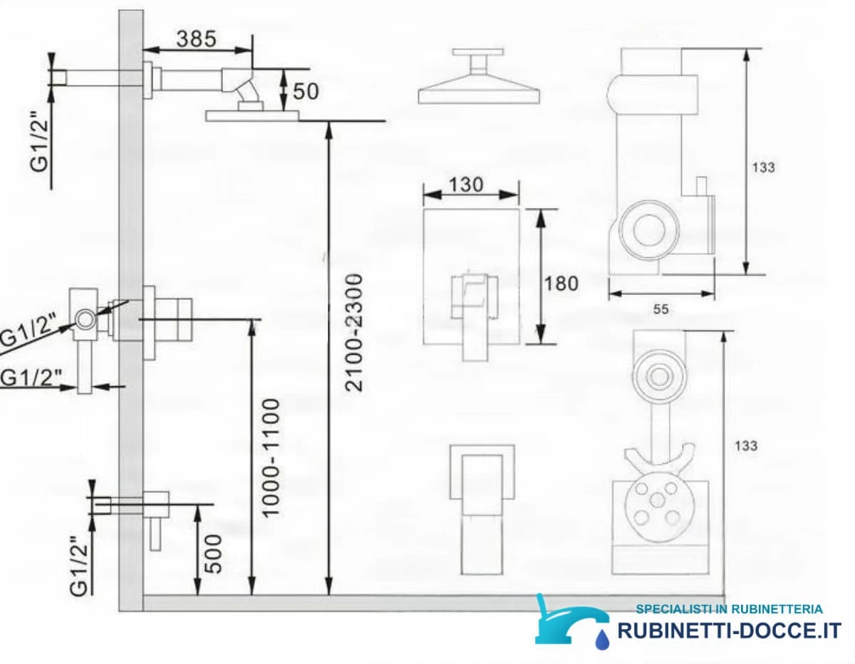 Sistema doccia da incasso EYN PT69359 in ottone con LED, getto a cascata e più finiture