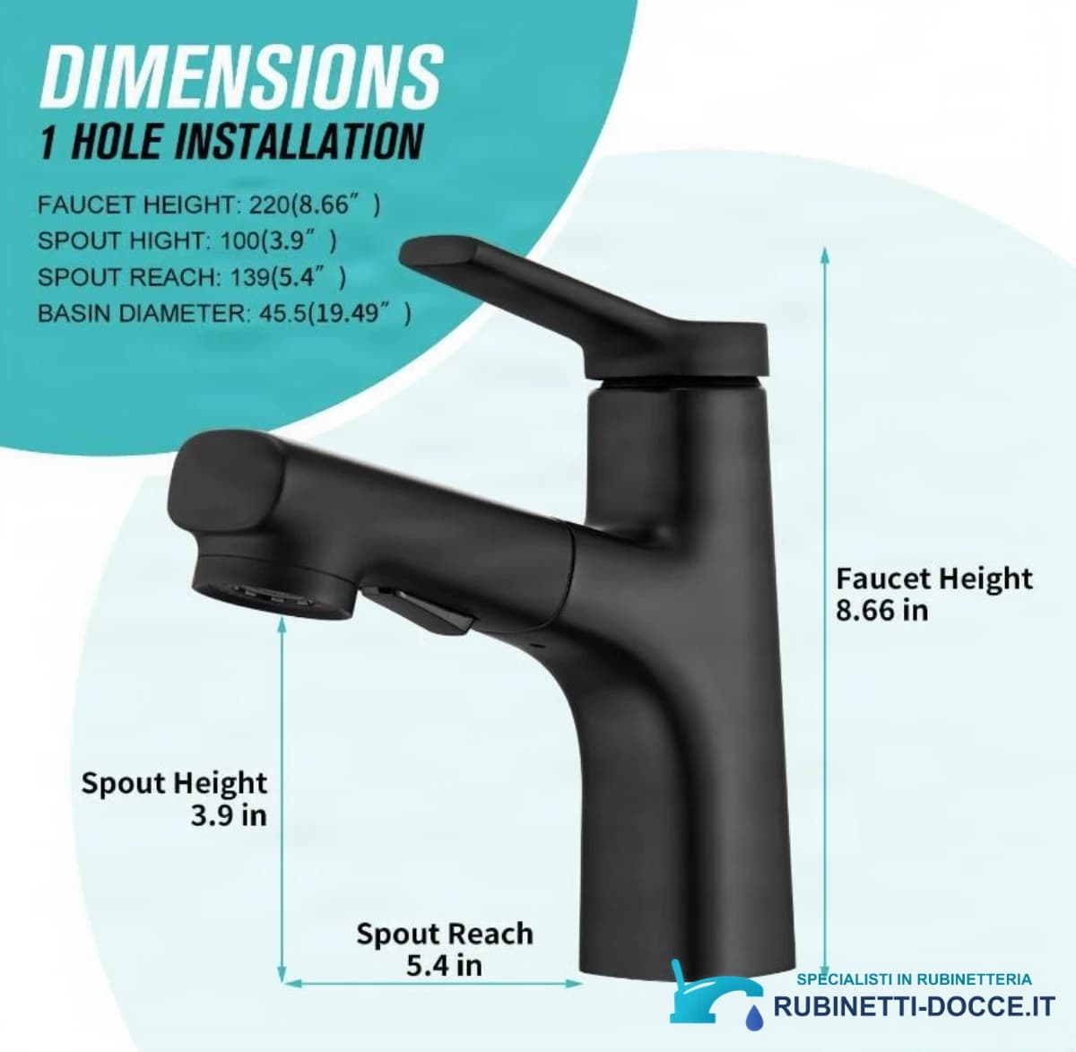 Rubinetto da bagno EYN IZK1444 con doccetta estraibile, in cromo o nero opaco
