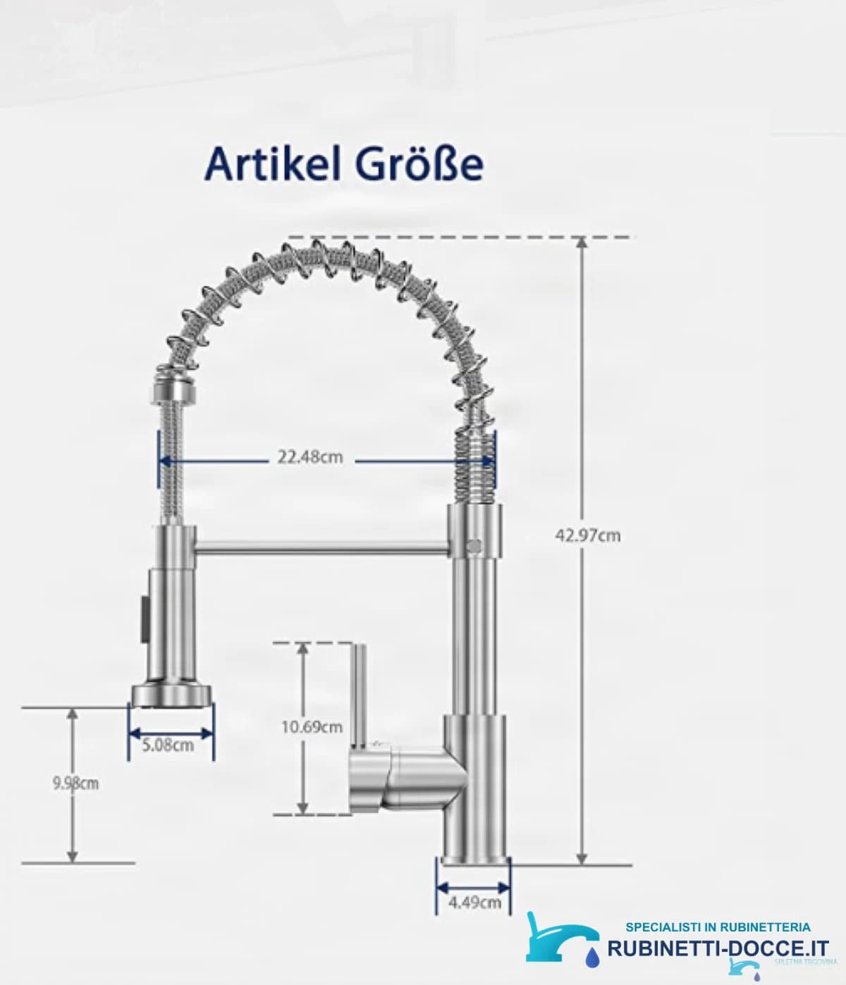 Disegno tecnico del miscelatore NT1437, altezza 42,97 cm e larghezza 22,48 cm