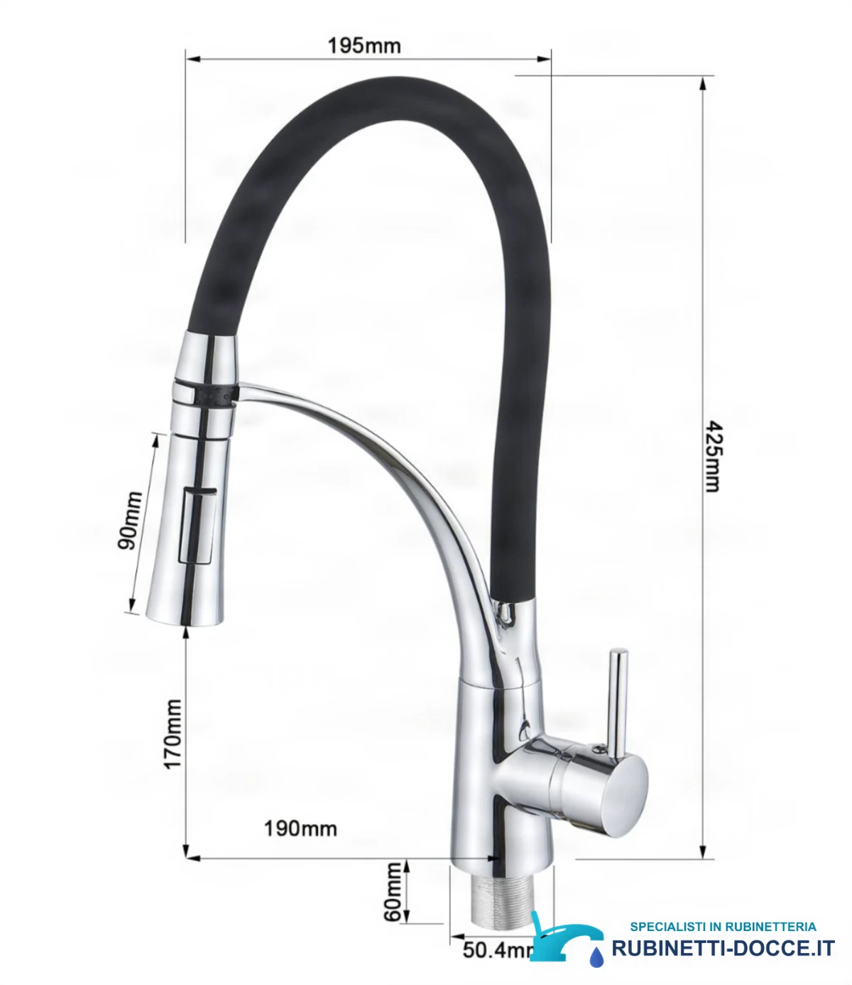 Misure del miscelatore cucina NT1749 a bassa pressione: altezza 425 mm e sporgenza 195 mm