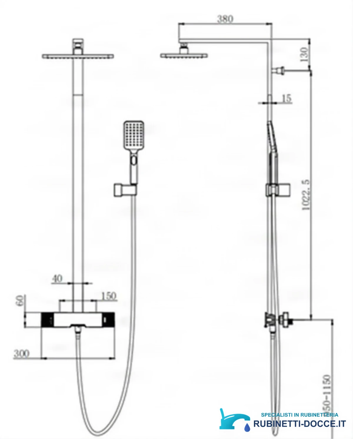Disegno tecnico del sistema doccia esterno ELITE EDITION BSE1419 (380 mm, 950–1150 mm)