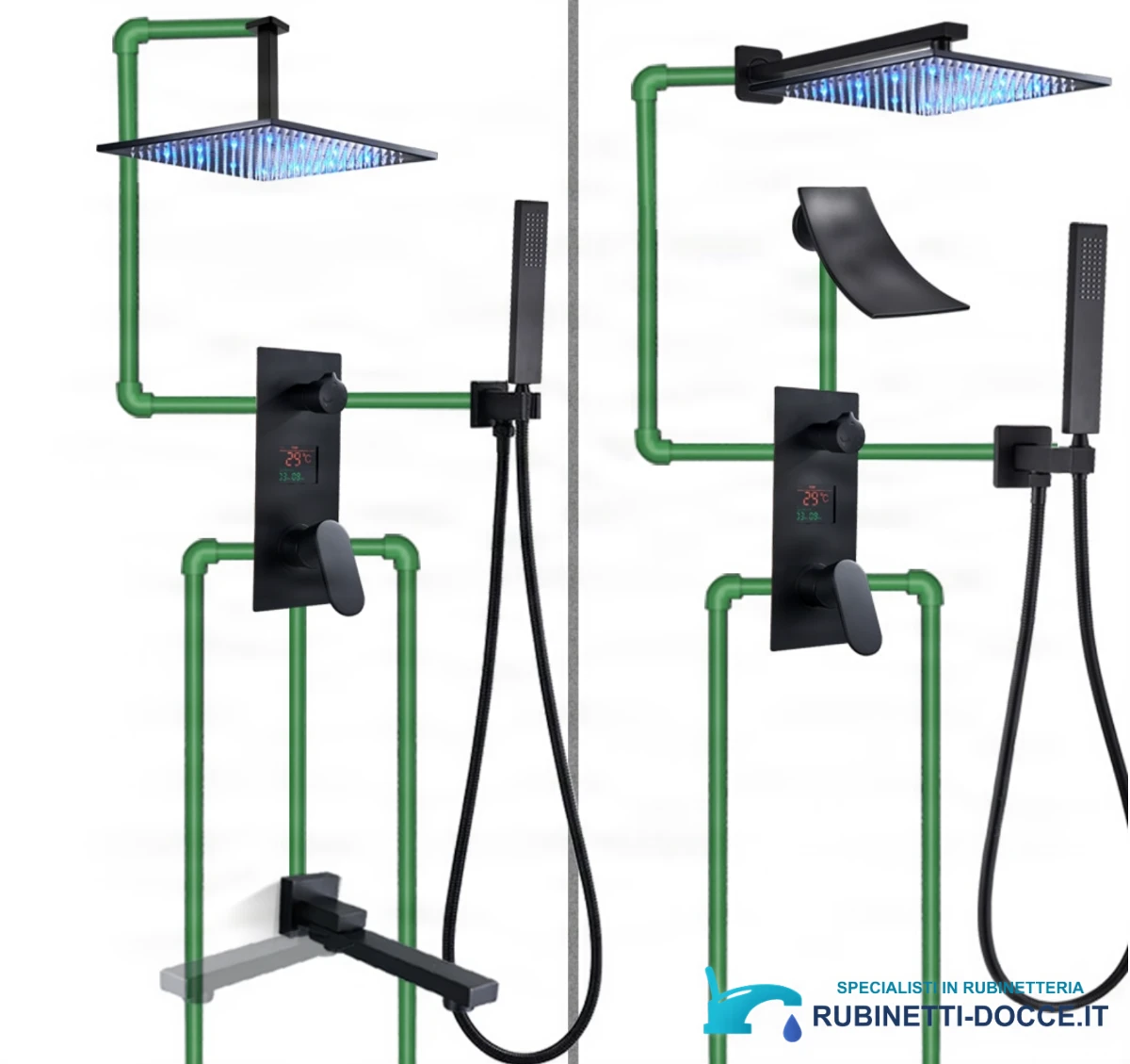 Sistema doccia da incasso EYN con soffione LED e cascata PT1036 in nero opaco