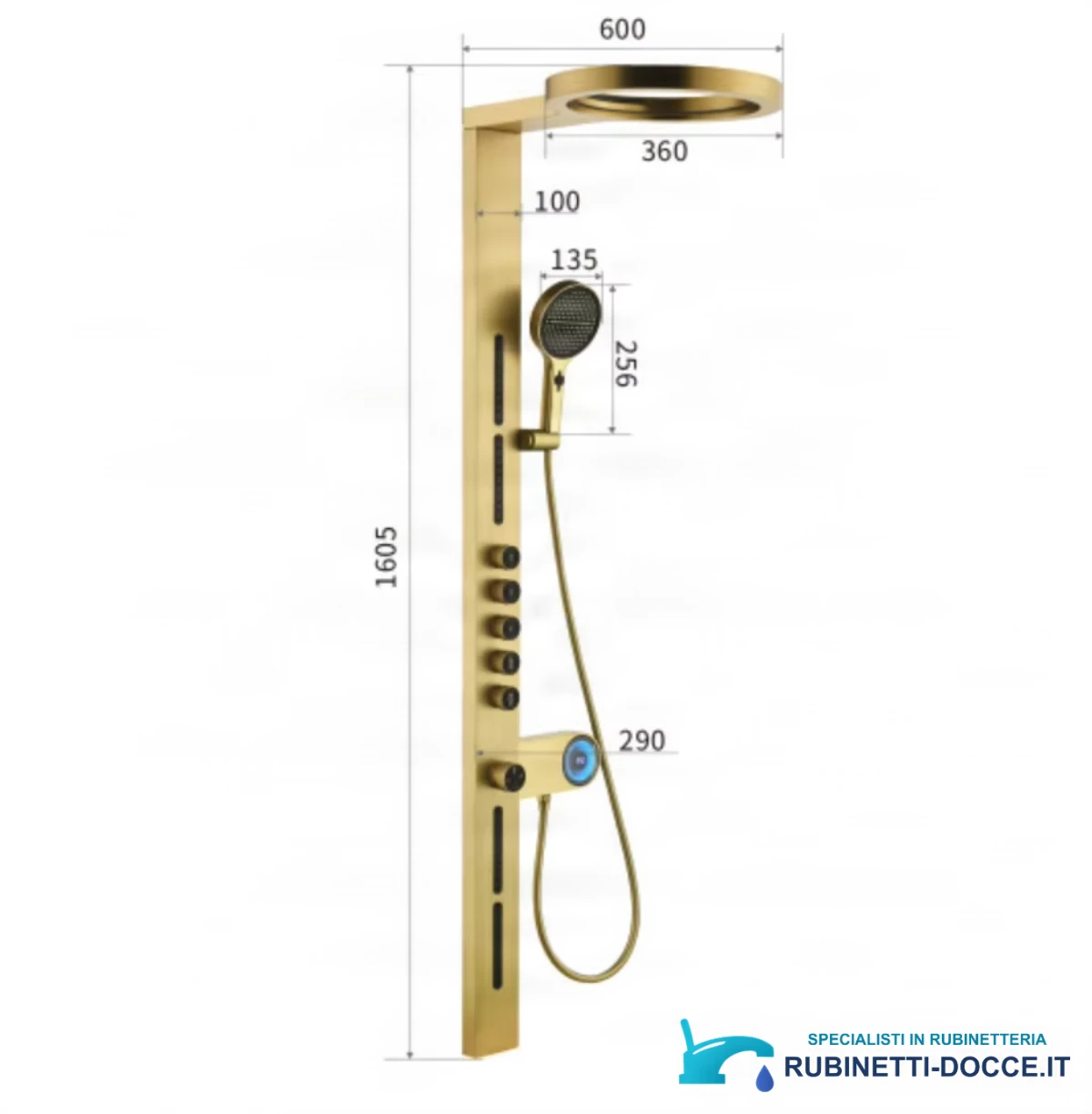 Pannello doccia esterno ELITE EDITION BSW1726 in ottone con display e getto a cascata, oro spazzolato e altre finiture