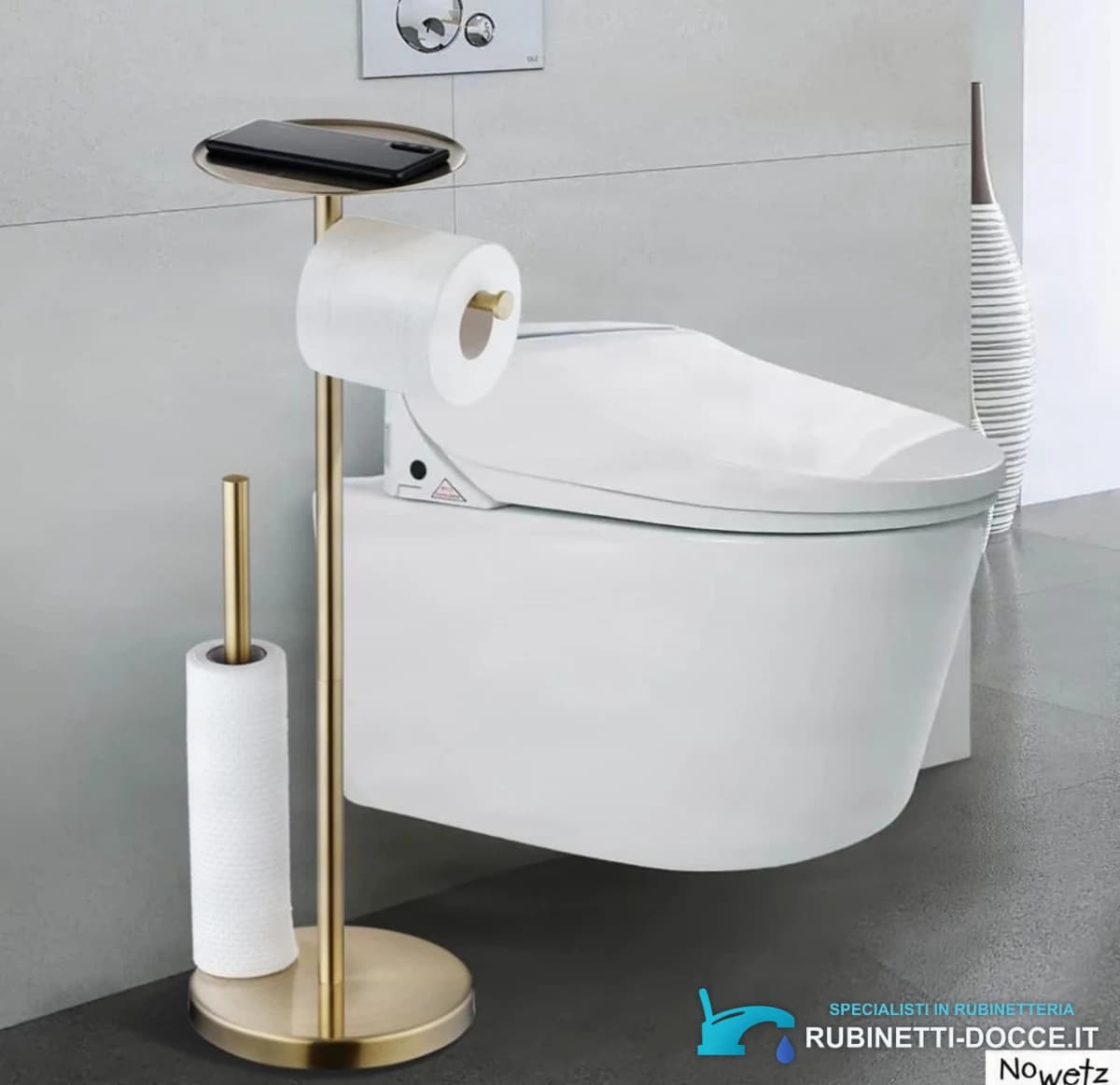 Porta carta igienica da terra TG0910 con ripiano per smartphone in oro spazzolato