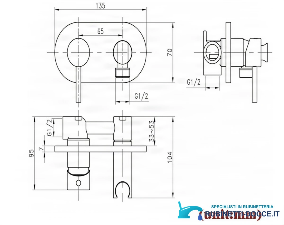 Disegno tecnico del miscelatore bidet da incasso BB1637 (135 × 70 mm, G1/2)