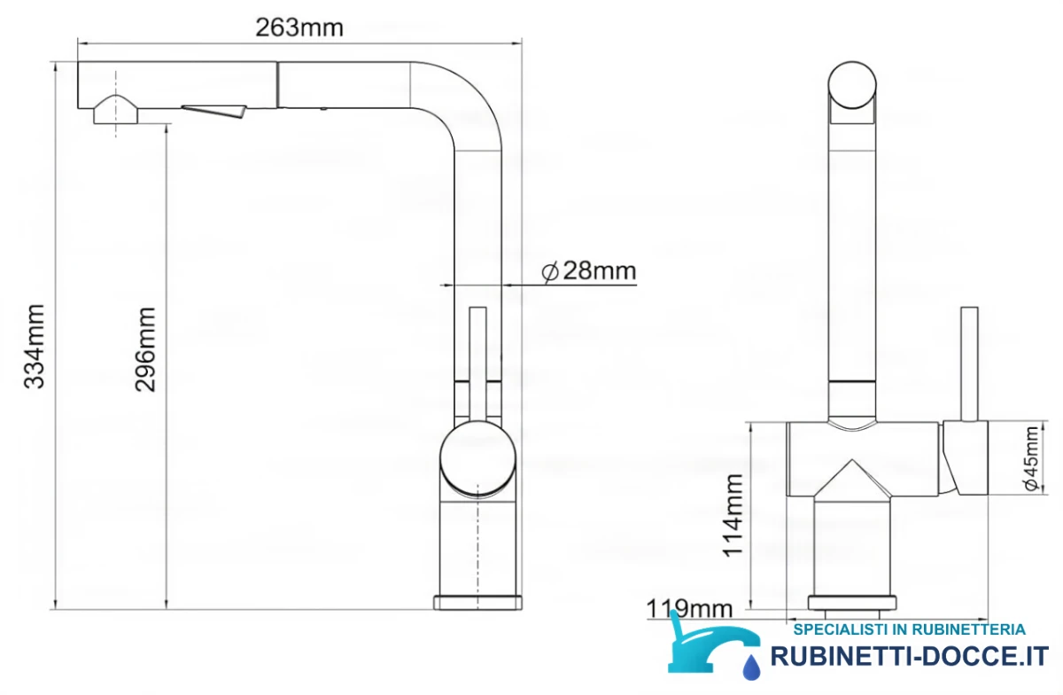 Disegno del rubinetto NTB2003 (334 × 263 mm, Ø 28 mm)