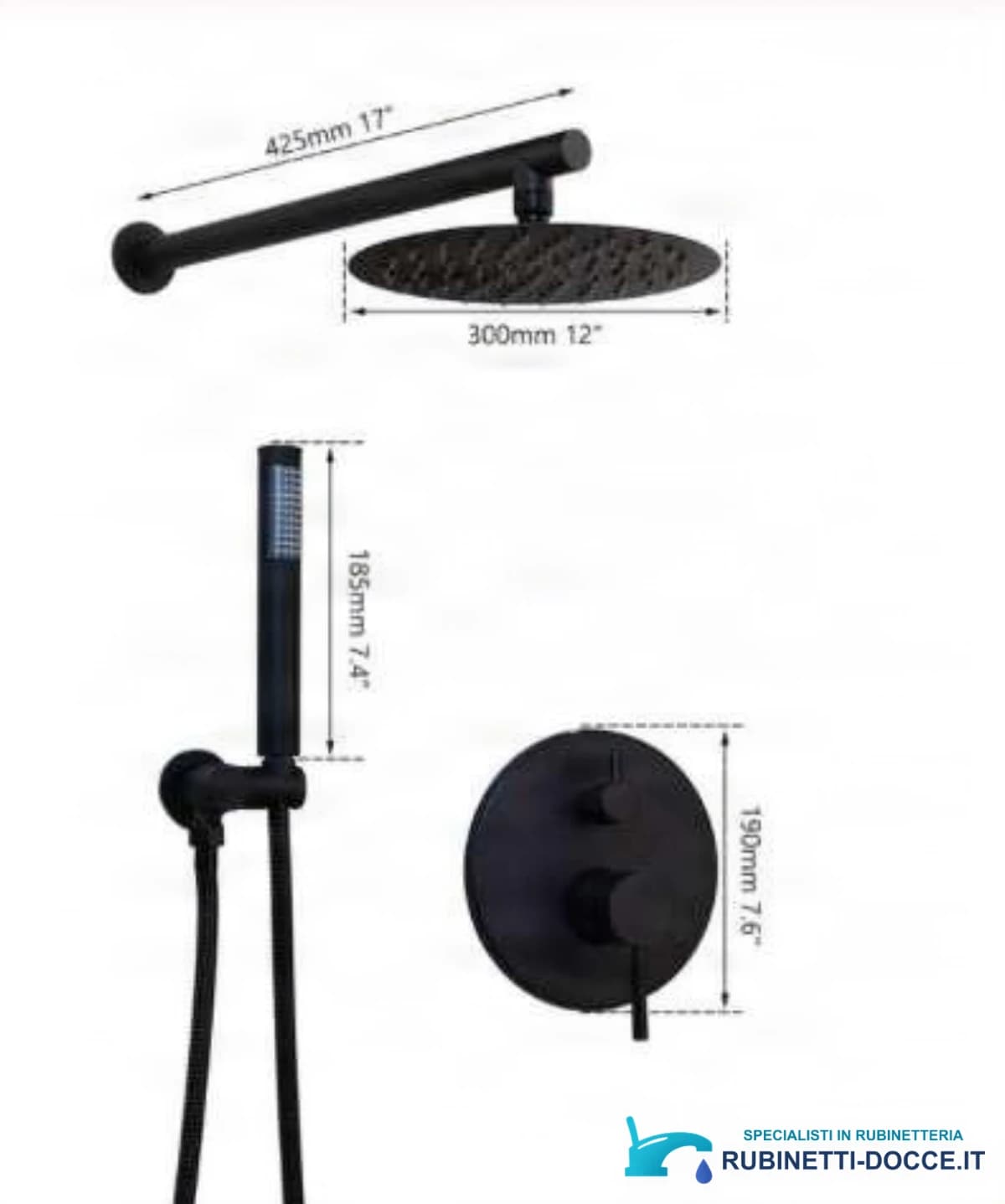 Sistema doccia a incasso EYN BP1225 a due uscite, finiture nero opaco, nero e nero opaco con ugelli bianchi